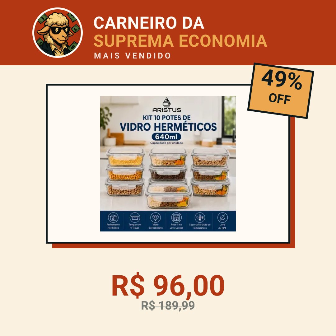 Kit 10 Potes Vidro Hermético Aristus 640ml Marmita Anti Vazamento Forno Micro-ondas Freezer Tampa 4 Travas - Cinza