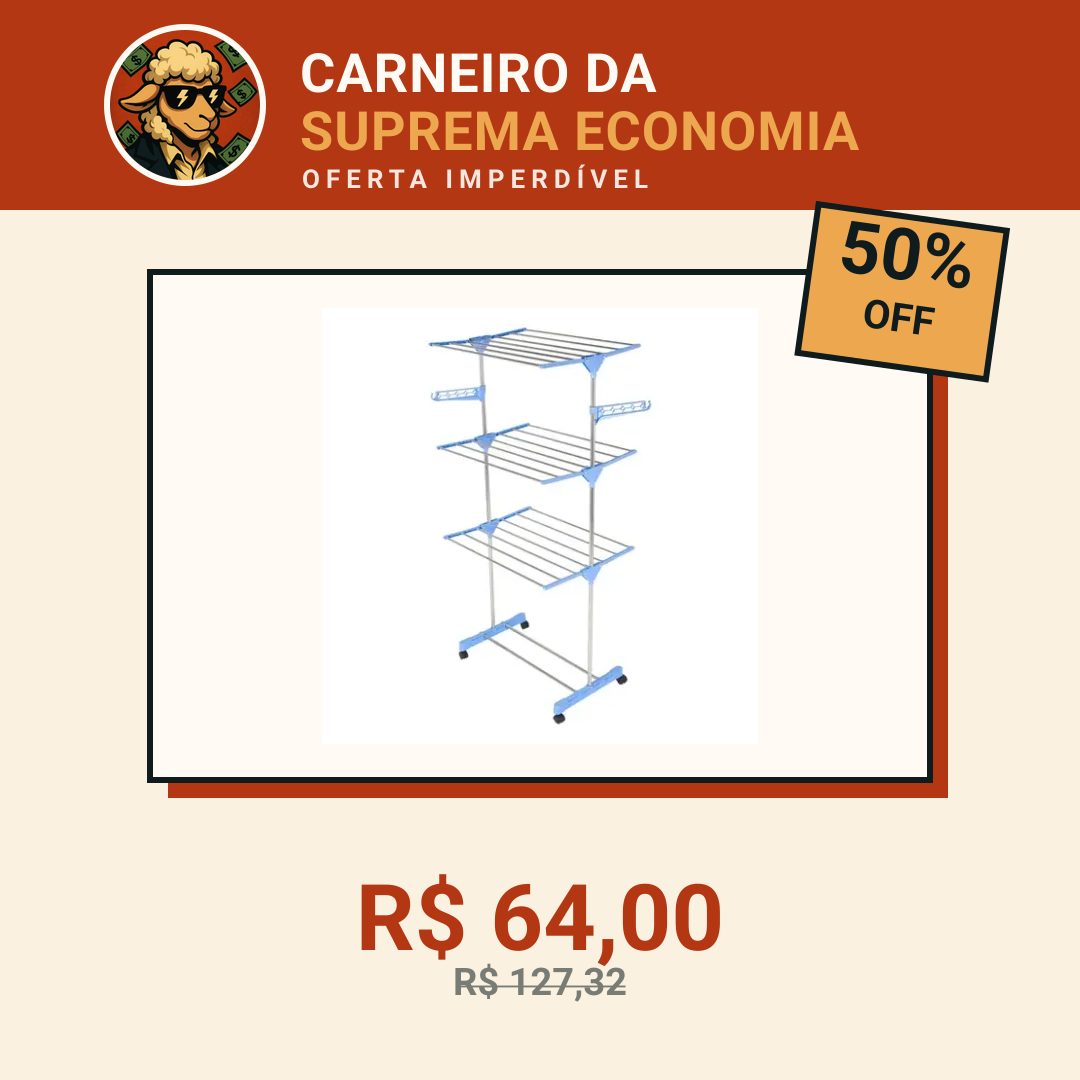 Varal Dobrável Zaganza 3 Andares Aço 4 Rodas Azul para Chão